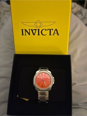 Invicta Silver Bracelet Watch with Orange-Red Dial